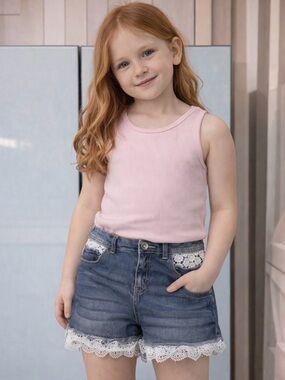 Justice Girls Denim Shorts Lace Trim Blue Jean Shorts Size 16 1/2